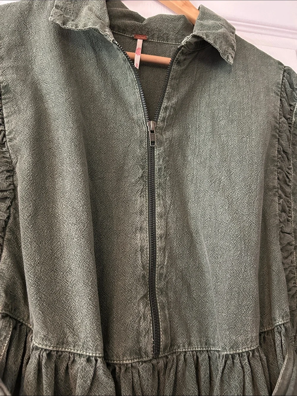 Free People Olive Green Textured Zip-Front  Dress